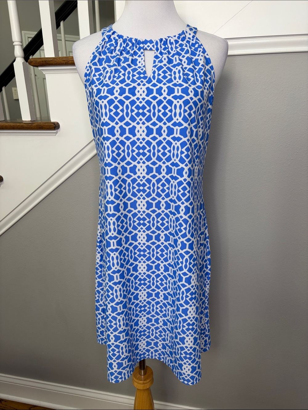Jude Connally Blue and White Geometric Print Sleeveless Halter Style Dress